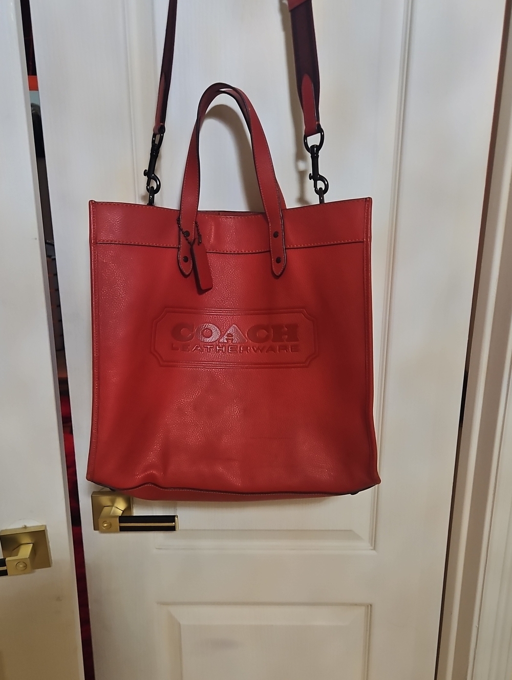 Coach Red Leather Shopper Tote with Embossed Logo